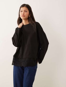 Top manches longues avec ourlet en dentelle - Noir S