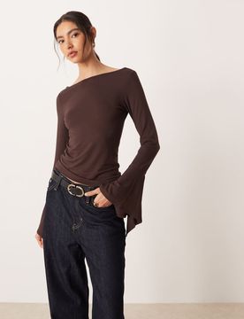 Top à encolure bateau et ourlet en pointes - Marron-Brown L