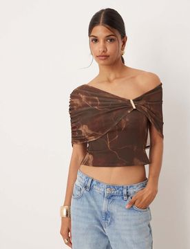 Top asymétrique en tulle avec finition et imprimé fleuri abstrait-Multicolore L