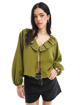 Top babydoll volanté avec liens sur le devant - Kaki-Vert 36