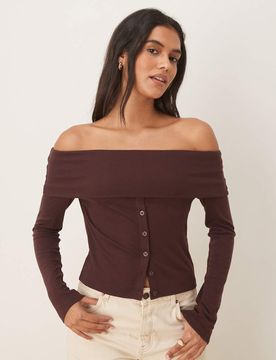 Top boutonné à épaules dénudées - Chocolat-Brown S