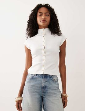 Top boutonné en maille interlock à col cheminée - Crème-Blanc S