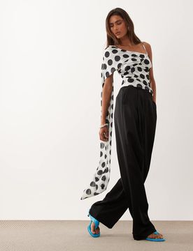 Top cache-caur style foulard en mousseline stretch à pois - Noir et blanc XS