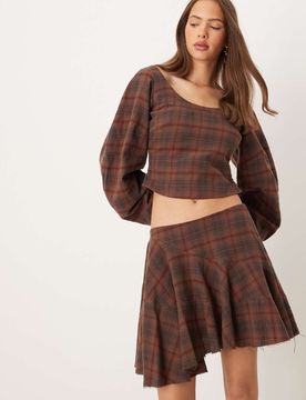 Top d'ensemble à carreaux avec manches cocon et encolure dégagée - Marron-Multicolore 44