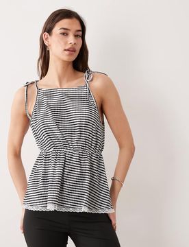 Top d'ensemble à carreaux vichy avec bordures en dentelle - Noir et blanc-multicolore M