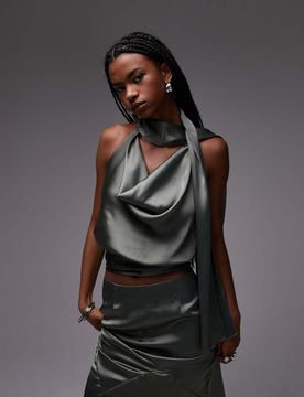 Top d'ensemble en satin avec foulard drapé - Kaki-Vert 44