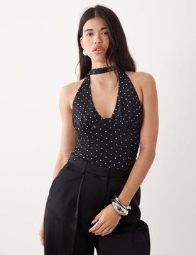 Top dos nu d'ensemble en tulle à pois avec détail foulard-Multicolore S