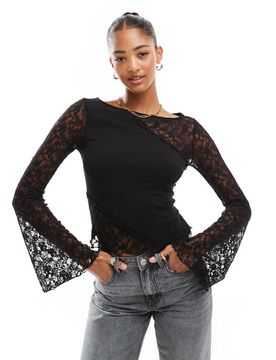 Top en dentelle avec manches ange et coutures apparentes - Noir-Blanc L