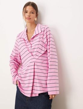 Top style rugby à plis et rayures - Rose et bleu marine-Multicolore XS