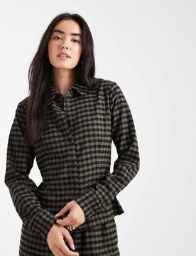 Taillierte Hemdbluse in Schwarz und Khaki kariert, Kombiteil-Bunt Bunt 34