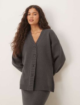 Taillierte Longline-Strickjacke aus hochwertiger Lammwolle in Anthrazit, Kombiteil-Grau Grau L