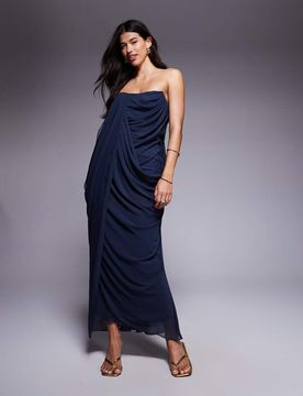 Trägerloses, drapiertes Midaxikleid in Tintenblau-Marineblau Marineblau 38