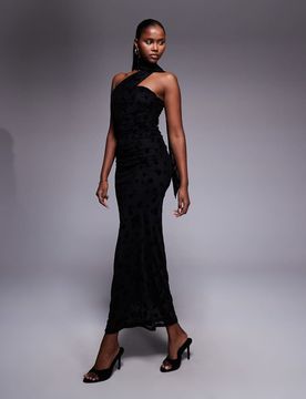 Trägerloses Netzstoff-Maxikleid in Schwarz mit Schal-Detail und beflocktem Blumenmuster Schwarz L