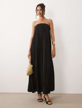Trägerloses, trapezförmiges Plissee-Midikleid in Schwarz Schwarz 38