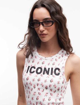Trägertop mit U-Ausschnitt „Iconic"-Schriftzug und Blümchenmuster-Mehrfarbig Mehrfarbig L