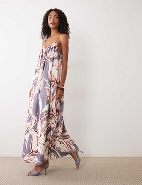 Trapezförmiges Maxikleid mit schmalen Trägern und abstraktem Muster-Mehrfarbig Mehrfarbig 42