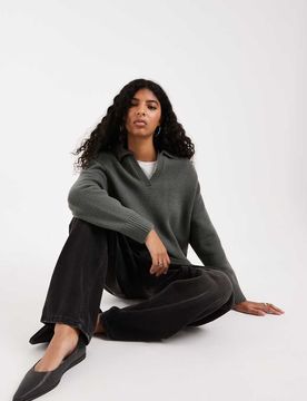 Ultimate - Gestrickter Polo-Pullover in Grau mit Schulterpolstern Grau M