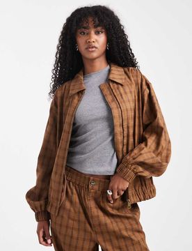 Veste d'ensemble à carreaux et ourlet bouffant - Moutarde-Jaune S