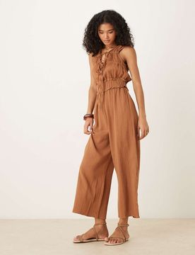 Zweilagiger Jumpsuit in Camel mit geraffter Brustpartie-Neutral Neutral 42