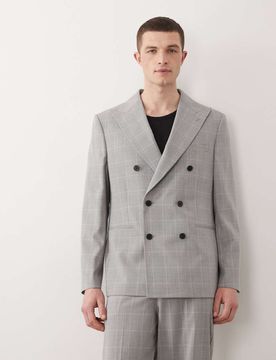 Zweireihige Regular-Fit-Anzugjacke in Grau mit Glencheck-Karomuster Grau 46 Regular