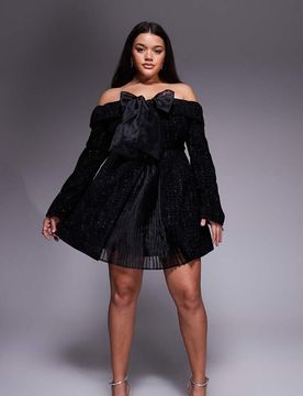 Curve - Robe courte en maille bouclée à encolure Bardot avec jupe plissée et naud - Noir 58