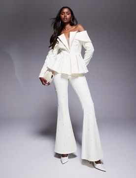 Elegante Hose in Creme mit Perlenverzierung, Kombiteil-Weiß Weiß 32