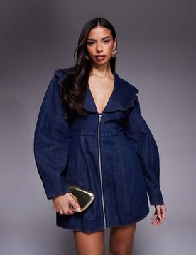 Langärmliges Jeanskleid in Indigoblau mit Oversize-Kragen Blau 32