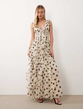 Robe longue froncée à pois avec détail effet cascade - Marron-Multicolore 42