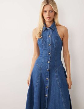Robe plissée mi-longue en denim avec boutons caur - Bleu moyen délavé 44