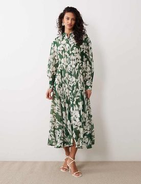 Robe chemise longue à manches longues et imprimé fleurs - Vert M