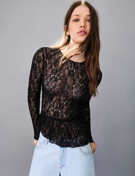 T-shirt en dentelle à manches longues et volants - Noir M