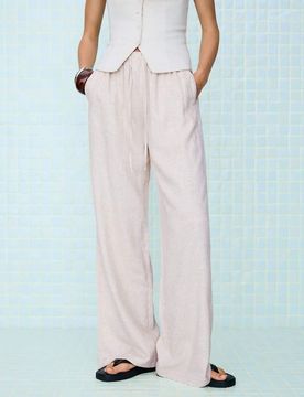 Hose in hellem Sandbeige mit hohem Leinenanteil und elastischem Bund-Neutral Neutral 34