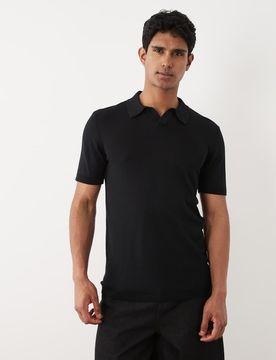 Gestricktes Regular-Fit-Polohemd aus Baumwollmix in Schwarz mit offenem Kragen Schwarz L