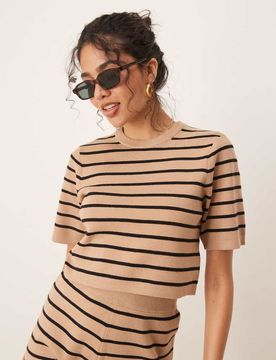 T-shirt d'ensemble en maille rayée à manches courtes - Fauve et noir-Marron XS
