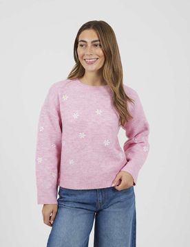 Weicher Pullover in Rosa mit Rundhalsausschnitt und Gänseblümchenstickerei Rosa 38