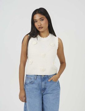 Débardeur ras de cou en maille avec coquillages au crochet - Crème-Blanc 42