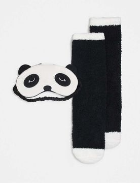 Masque de sommeil façon panda avec oreilles et chaussettes de nuit duveteuses - Noir et blanc