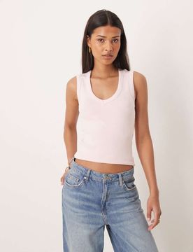 Geripptes Tanktop in Rosa mit V-Ausschnitt Rosa S