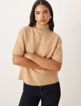 Kurzärmliges Oberteil aus Strickstoff in meliertem Beige mit Alpakawolle und Stehkragen-Neutral Neutral S