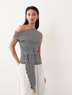 Oberteil in Schwarz gestreift mit asymmetrischer Schulterpartie und Bindedetail an der Taille Schwarz XS