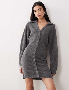 Robe courte boutonnée en maille à manches longues - Gris foncé chiné XL
