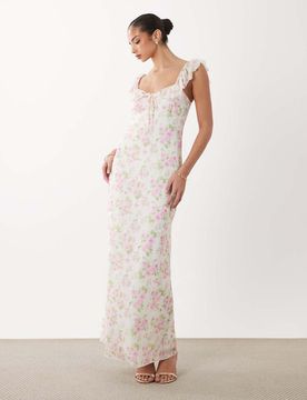 Robe longue à volants et imprimé fleuri - Multicolore-Rose XL