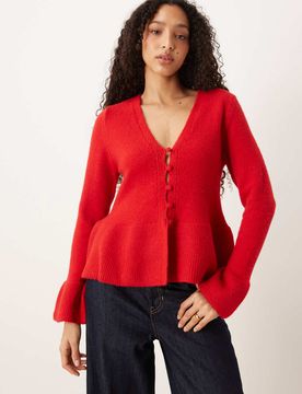 Top style gilet à basque en maille de laine - Rouge M