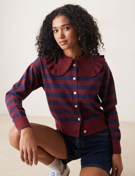 Gestreifte Boxy Fit Strickjacke in Blau und Rot-Bunt Bunt 46