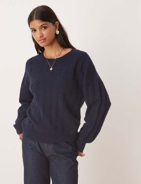 Gerippter Strickpullover in Marineblau Marineblau 44
