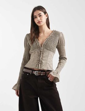 Street - Chemise ajustée à manches longues et volants - Rayures neutres-Multicolore 36