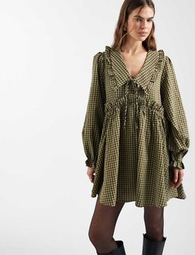 Street - Robe babydoll courte à volants et manches longues - Marron kaki-Multicolore 38