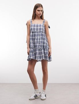 Street - Robe babydoll courte étagée à carreaux vichy - Bleu marine 46
