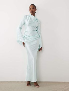 Maxikleid aus Satin in Eisblau mit hohem, gerafftem Wasserfallausschnitt Blau XS