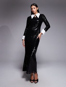 Maxikleid in Schwarz mit Paillettenbesatz und Kragendetail Schwarz 44-46